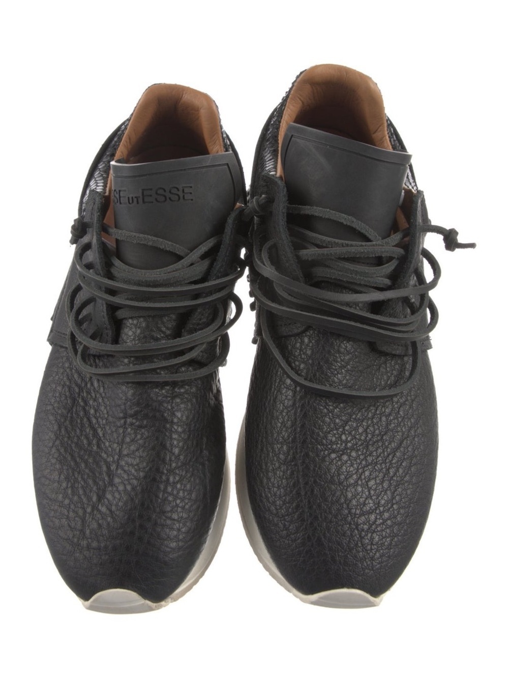 ESSEutESSE Black Leather Fringe Trim Lace-Up Sneakers Cushioned Collar